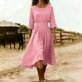 thumbnail image 1 of Karymi Easter Dress Round Neck Fake Cotton Linen Midi Dress, 3/4 Rolled Sleeve Solid High Waist A-Line Dress with Back Zipper, Flowy Swing Dress Spring Dresses for Women 2026, 1 of 8