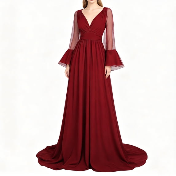 Karymi Easter Dresses for Women 2026 V Neck Evening Gown, Long Bell Sleeve Formal Maxi Dress with Train, Waist Ruched Flowy Wedding Guest Bridesmaid Dress