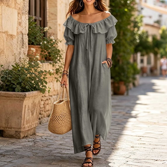 Karymi Easter Dresses for Women Off Shoulder Ruffle Maxi Dress, Front Tie V Neck Puff Short Sleeve Loose Flowy Casual Vacation Sundress With Side Pockets Wedding Guest Dresses for Women