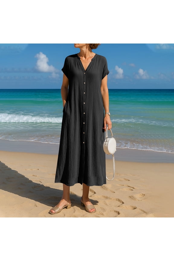 Easter Dresses for Women Solid Maxi Dress, V-Neck Henley Button Front Short Sleeve with Slightly Rolled Cuffs Casual Dress with Side Pockets, Plus Size Easter Dress