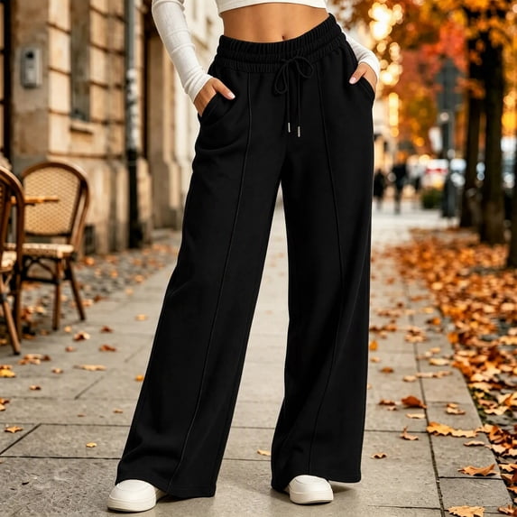 Karymi Elastic Waist Drawstring Wide Leg Pants Woman, Front Seam Casual Trousers with Side Pockets