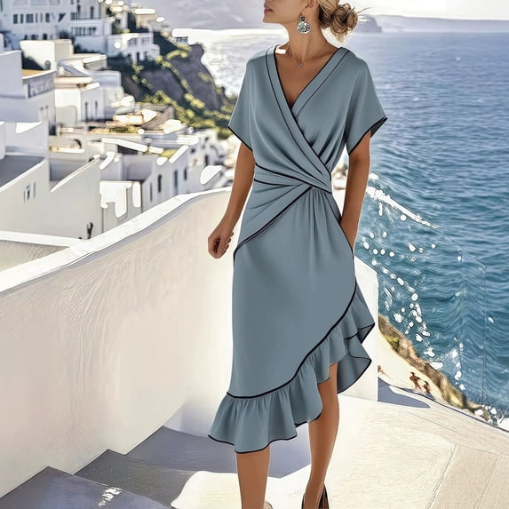 Karymi Elegant Wrap V-Neck Midi Dress, Batwing Sleeve Ruched Waist Asymmetrical Ruffle Hem Dress, Solid Cocktail Party Dress Easter Dress
