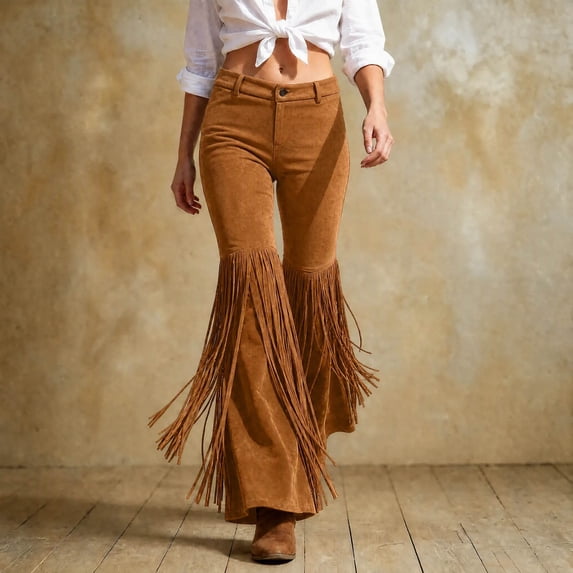 Karymi Faux Suede Fringe Flare Women's Pants, Mid‑High Waist Button Zipper Closure Western Style Bell‑Bottom Long Trousers for Party Going‑Out