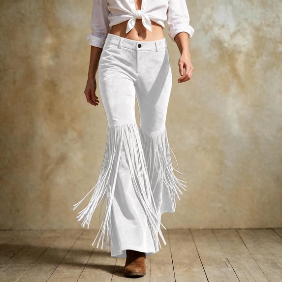 Karymi Faux Suede Fringe Flare Women's Pants, Mid‑High Waist Button Zipper Closure Western Style Bell‑Bottom Long Trousers for Party Going‑Out