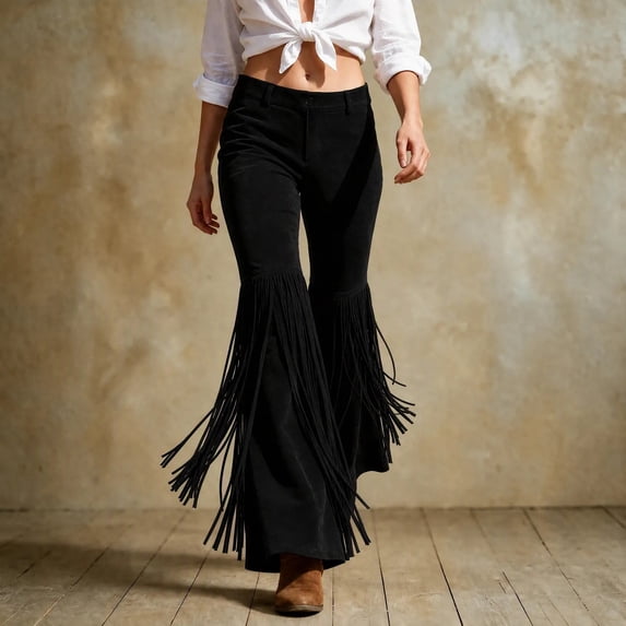 Karymi Faux Suede Fringe Flare Women's Pants, Mid‑High Waist Button Zipper Closure Western Style Bell‑Bottom Long Trousers for Party Going‑Out