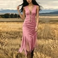 thumbnail image 1 of Karymi Faux Suede Midi Bodycon Dress, Sleeveless U Neck Front Zip V Hem Fringe Western Cowgirl Party Dress Spring Dresses for Women, 1 of 5