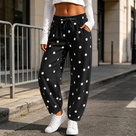 Karymi Polka Dot Print Jogger Pants for Women, Elastic Waist with Drawstring, Casual Trousers with Side Pockets
