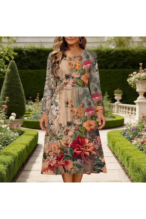 Floral Print Crew Neck Long Sleeve Midi Dress, Gathered Empire Waist Loose Flowy Casual Spring Summer Vacation Sundress Summer Dresses for Women