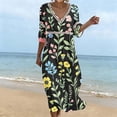 thumbnail image 1 of Karymi Floral Print V Neck Midi Dress, Hollow Out Cutout Trim 3/4 Sleeve Empire Waist Loose Flowy Casual Summer Vacation Sundress Wedding Guest Dresses for Women, 1 of 6