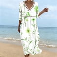 thumbnail image 1 of Karymi Floral Print V Neck Midi Dress, Hollow Out Cutout Trim 3/4 Sleeve Empire Waist Loose Flowy Casual Summer Vacation Sundress Wedding Guest Dresses for Women, 1 of 6