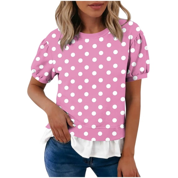 Karymi Going Out Tops Polka Dot Puff Short Sleeve T-Shirt, Crew Neck Fake Two Piece Ruffle Layered Hem Casual Pullover Tee Going Out Tops