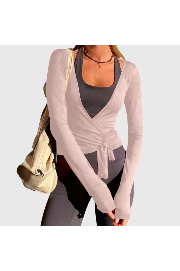 Going Out Tops for Women Wrap Tie Front Long Sleeve Yoga Cover Up Cardigan, Ballet Wrap Athleisure Workout Top with Thumb Holes Womens Blouses