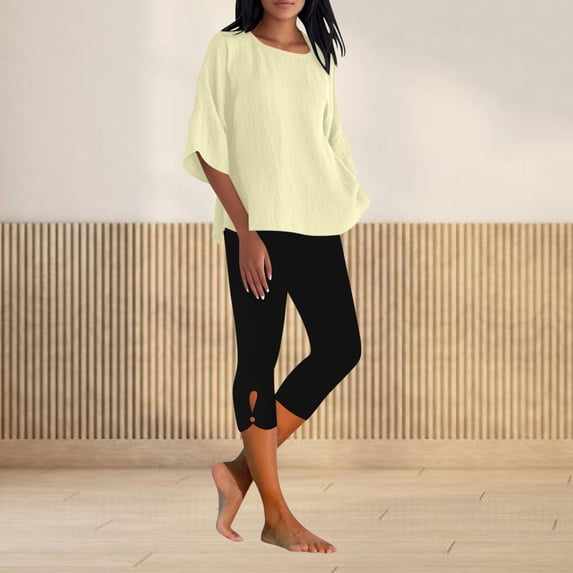 Karymi Going Out Tops 2-Piece Linen Blend Outfit, Crew Neck 3/4 Sleeve Loose Top + Solid Cropped Capri Leggings with Cutout Detail, Casual Set Short Sleeve Shirts for Women