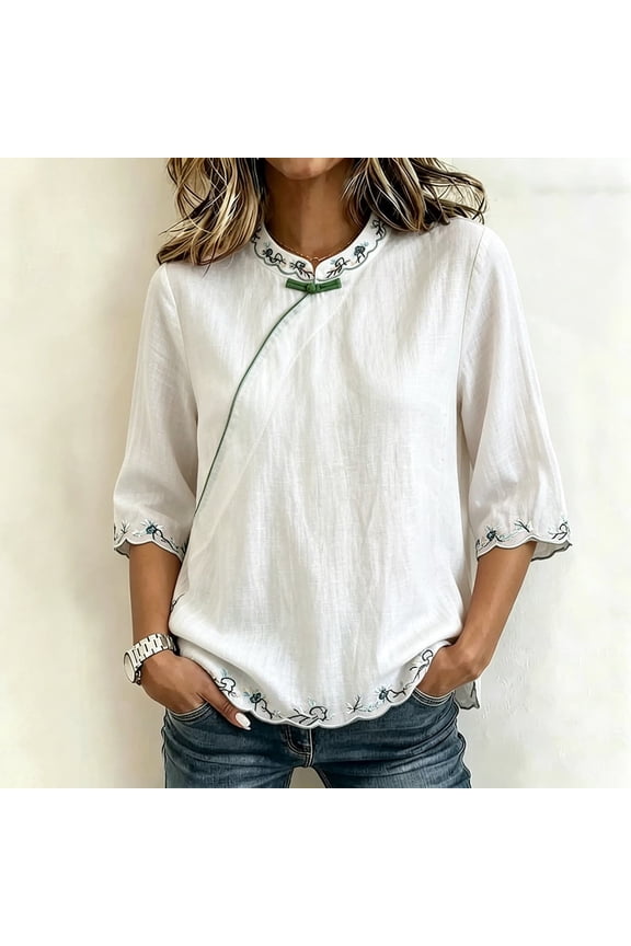 Going Out Tops Chinese Frog Button Embroidered Cotton Linen Blouse, 3/4 Sleeve Mandarin Collar Loose Spring Summer Pullover Top Plus Size Tops for Women