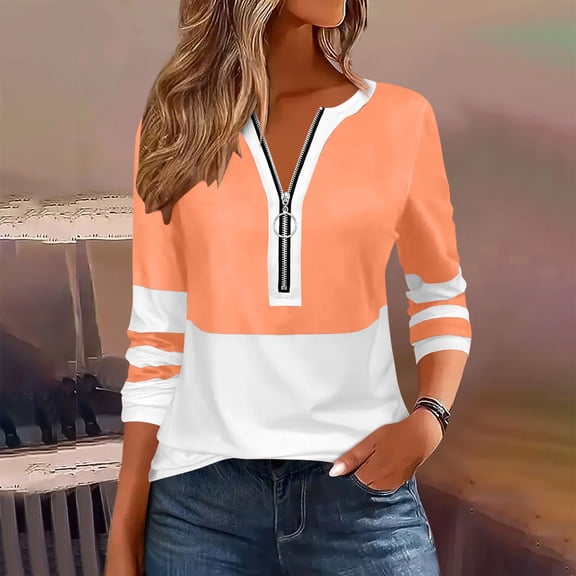 Karymi Going Out Tops Color Block Half Zip Long Sleeve T Shirts, Round Neck O-Ring Zipper Placket Striped Cuff Patchwork Blouse Tops, Pullover Tees Plus Size Tops for Women