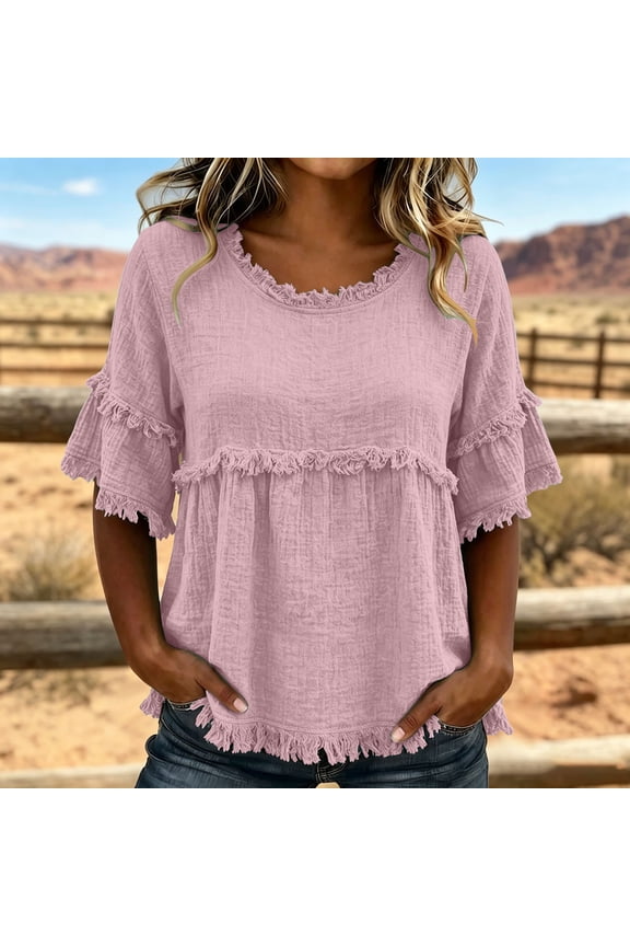 Going Out Tops Solid Crinkle Blouse, Ruffle Fringe Crew Neck Double Layer Flounce Short Sleeve Raw Frayed Trim Loose Gathered Pullover Top Workout Tops for Women