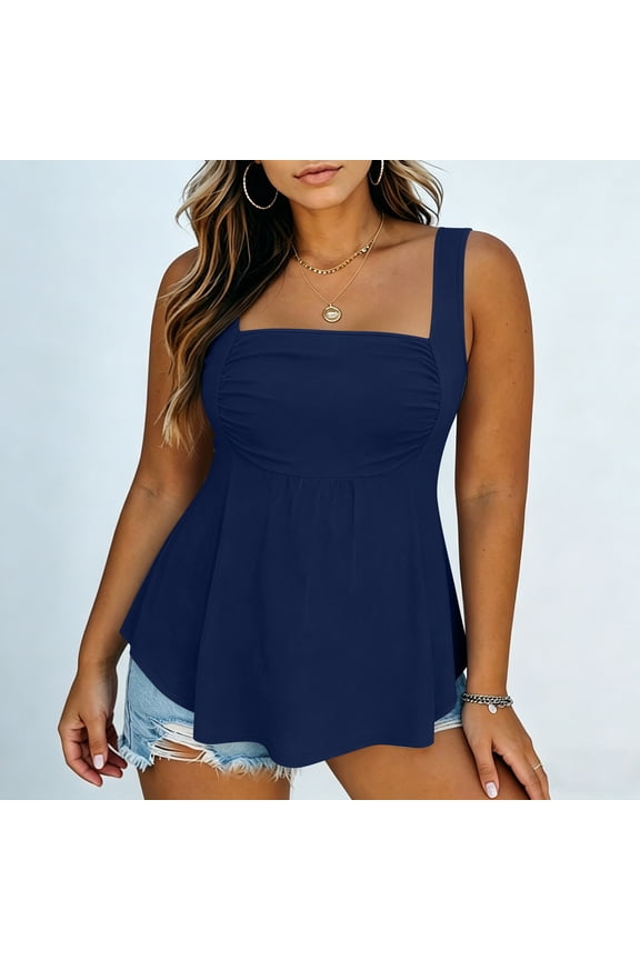 Going Out Tops Square Neck Ruched Bust Flared Peplum Tank Top,Wide Strap A‑Line Swing Sleeveless Tee, Casual Curvy‑Friendly Blouse Womens Blouses