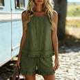 thumbnail image 1 of Karymi Going Out Tops for Women 2 Piece Solid Linen Blend Outfit Set, Crew Neck Sleeveless Eyelet Lace Ruffle Hem Tank Top+Elastic Drawstring Ruffle Shorts Rompers for Women, 1 of 9
