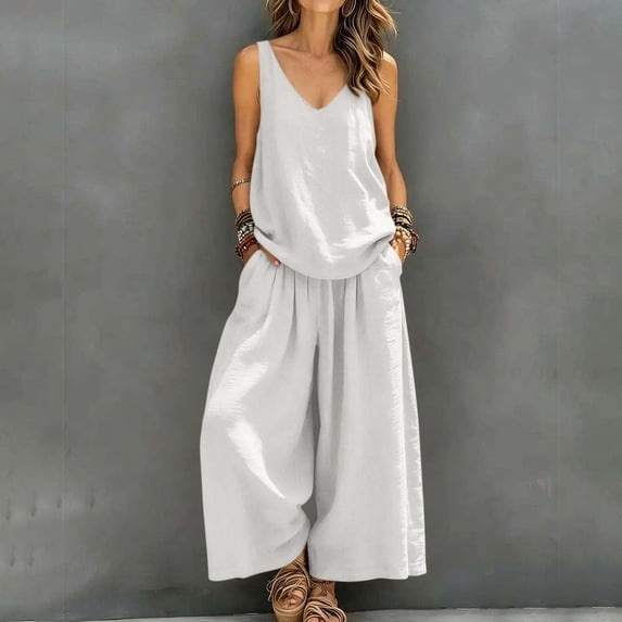 Karymi Going Out Tops for Women 2 Piece Solid Vacation Outfit Set, Deep V Neck Sleeveless Tank Top+Drawstring High Waist Pleated Wide Leg Pants with Side Pockets Short Sleeve Shirts for Women