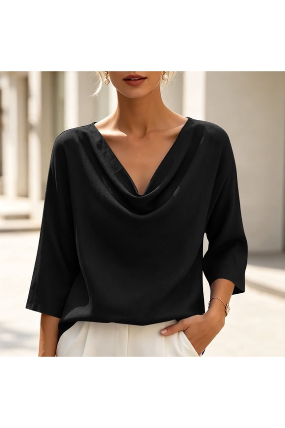 Going Out Tops for Women Cowl Draped Neck 3/4 Dolman Sleeve Breathable Linen‑Blend Crinkled Blouse, Solid Casual Top for Daily Party Office Plus Size Tops for Women
