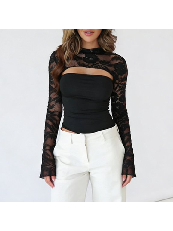Going Out Tops for Women Cutout Floral Lace Long Sleeve Top, Mock Neck Flare Cuff Sheer Lace Spliced Slim Fitted Bodysuit Tee Womens Tops Dressy Casual