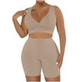 thumbnail image 1 of Karymi Going Out Tops for Women Plus Size Ribbed 2-Piece Workout Set, V-Neck Crop Top Sports Bra + High Waist Tummy Control Biker Shorts, Yoga and Gym Outfit 3/4 Length Sleeve Womens Tops, 1 of 8