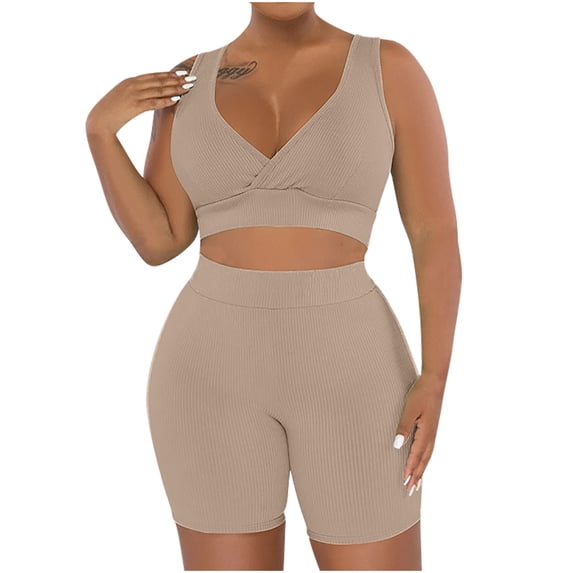 Karymi Going Out Tops for Women Plus Size Ribbed 2-Piece Workout Set, V-Neck Crop Top Sports Bra + High Waist Tummy Control Biker Shorts, Yoga and Gym Outfit 3/4 Length Sleeve Womens Tops