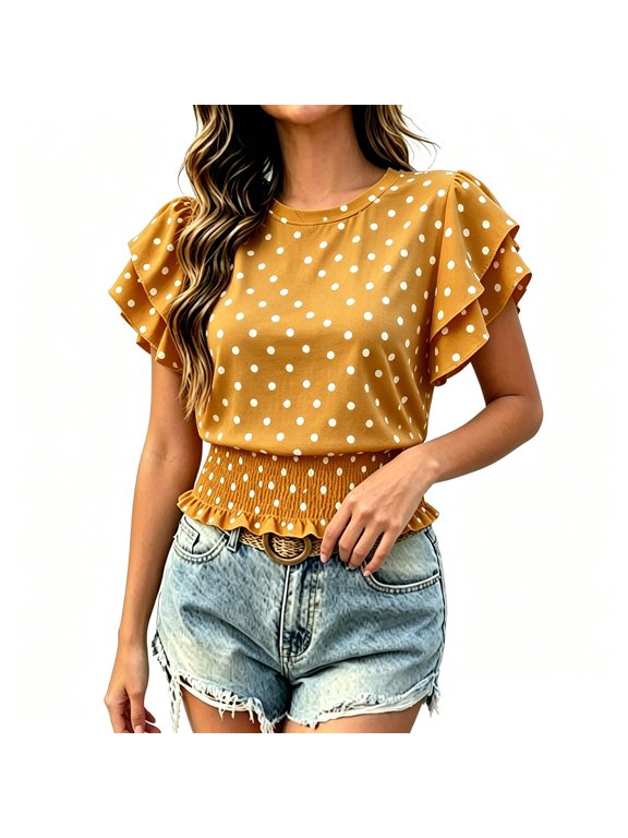 Going Out Tops for Women Polka Dot Crop T-Shirt, Crew Neck Double Layer Ruffle Flutter Short Sleeve Smocked Elastic Waist Peplum Pullover Top T Shirts for Women