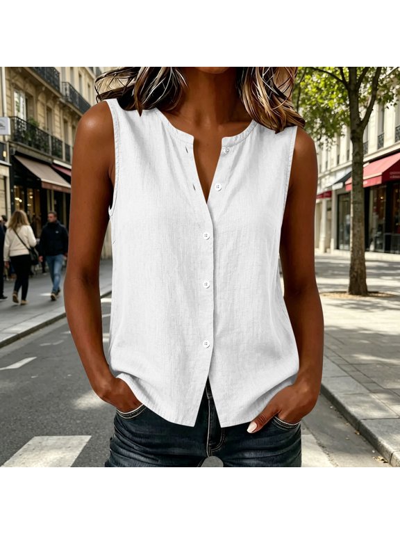 Going Out Tops for Women Sleeveless Button Down Tank Top, Split Crew Neck Fake Cotton Linen Vest, Solid Casual Summer Open Front Blouse Womens T Shirts