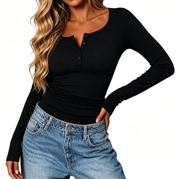 Karymi Going Out Tops for Women Solid Henley Partial Button Notch Neck Long Sleeve T-Shirt, Ribbed Knit Slim Fit Stretchy Casual Basic Tee Tops, Pullover Blouse Plus Size Tops for Women