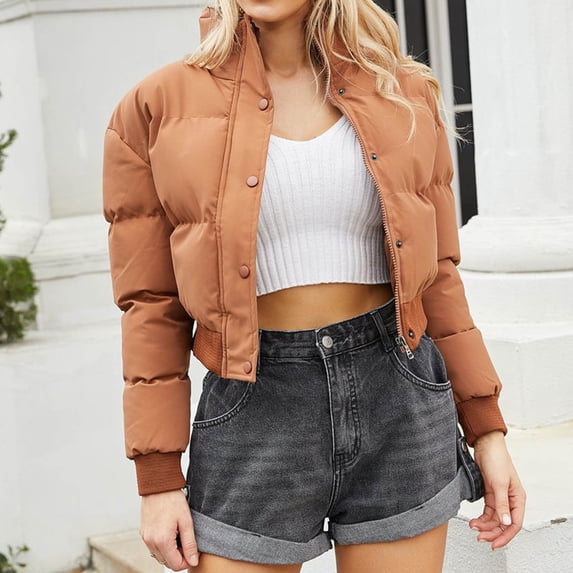 Karymi Womens Tops Solid Stand Collar Cropped Puffer Jacket, Zip & Snap Button Closure Long Sleeve Quilted Warm Short Winter Bomber Coat