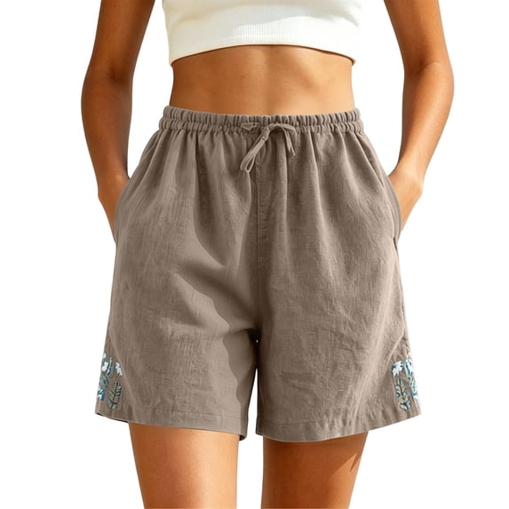 Karymi Halara Pants Women Cotton Linen Drawstring Elastic High Waist Floral Embroidery Hem Loose Casual Bermuda Solid Shorts with Side Pockets Workout Shorts Women