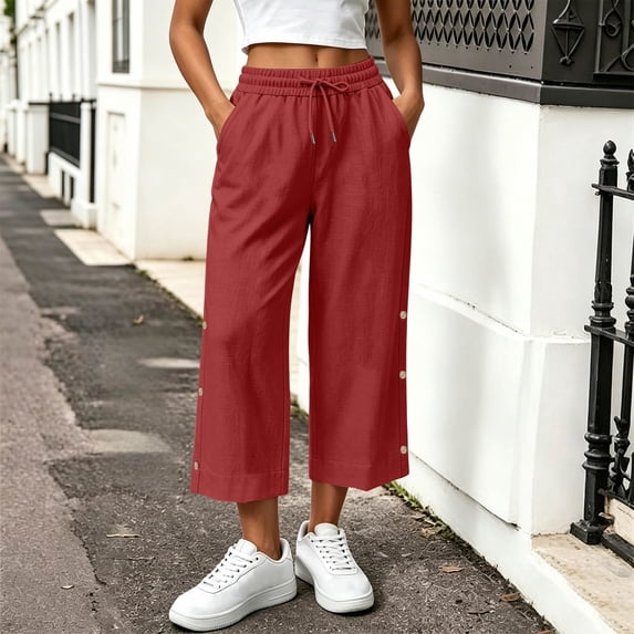 Karymi Halara Pants Women Cropped Wide Leg Pants, Drawstring Elastic High Waist Capri Trousers, Side Button Decor Straight Casual Pants with Pockets