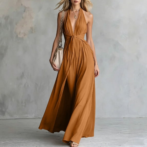 Karymi Halter Deep V Maxi Dress, Sleeveless Twist Front High Slit Backless Flowy Vacation Evening Gown Summer Dress