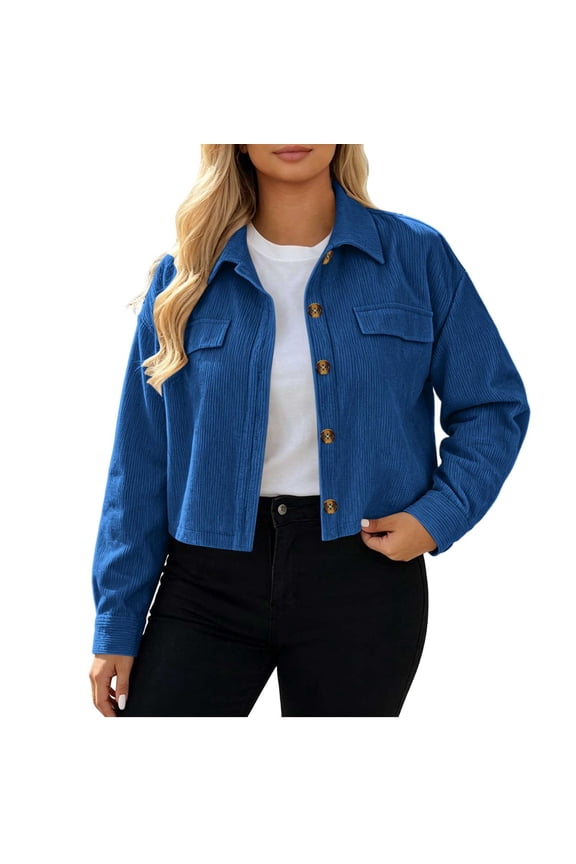Karymi Jackets for Women Solid Corduroy Cropped Jacket, Point Collar Long Sleeve Button Down Shacket Coat, Decorative Fake Chest Pockets Vintage Outerwear Rain Coats for Women