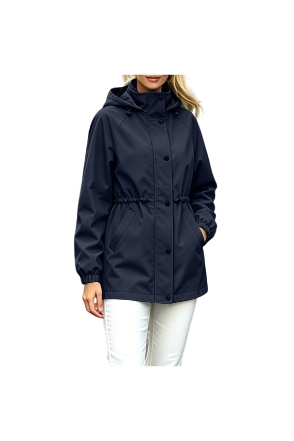 Karymi Jackets for Women Solid Drawstring Waist Hooded Jacket, Long Sleeve Elastic Cuff Snap Button Front Outdoor Mid-Length Coat with Slant Pockets Rain Coats for Women
