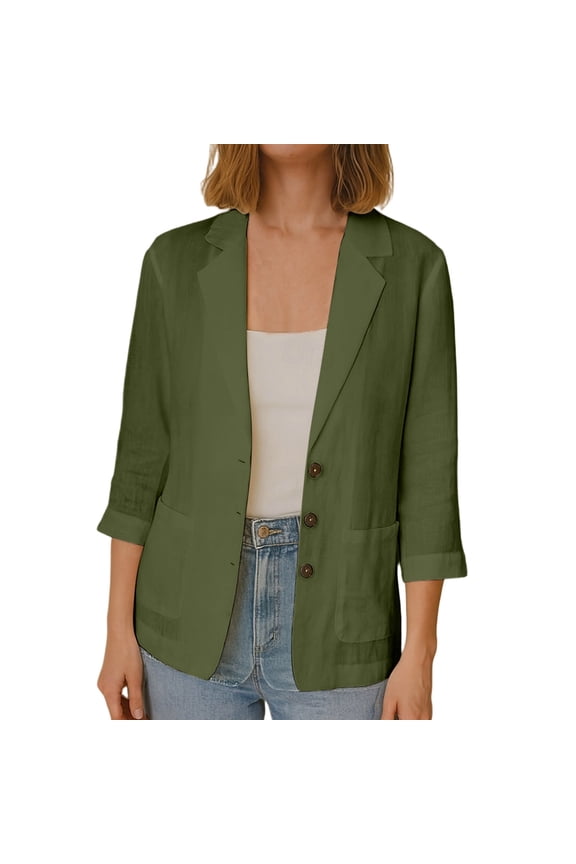 Karymi Jackets for Women Solid Linen Blend 3/4 Rolled Sleeve Blazer Jacket, Lapel Three Button Open Front Casual Suit Coat with Patch Side Pockets Rain Jacket