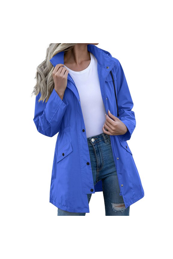 Karymi Jackets for Women Solid Long Length Hooded Rain Trench Coat, Long Sleeve Adjustable Cuff Cargo Jacket, Drawstring Waist Mid-Long with Flap Pockets Rain Coats for Women