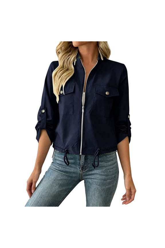 Karymi Jackets for Women Solid Stand Collar Zip Up Utility Jacket, Adjustable Roll Tab Long Sleeve Drawstring Hem Cropped Coat, with Snap Flap Cargo Pockets Jackets for Women