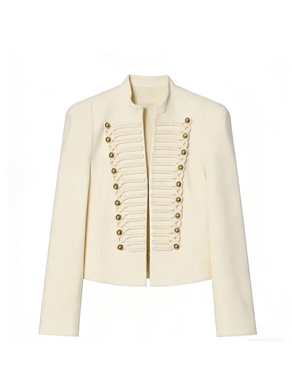 Karymi Jackets for Women Stand Collar Military Style Cropped Blazer Jacket, Slim Fit Long Sleeve Gold Button Braided Trim Decorative Short Suit Coat Blouses for Women Dressy Casual