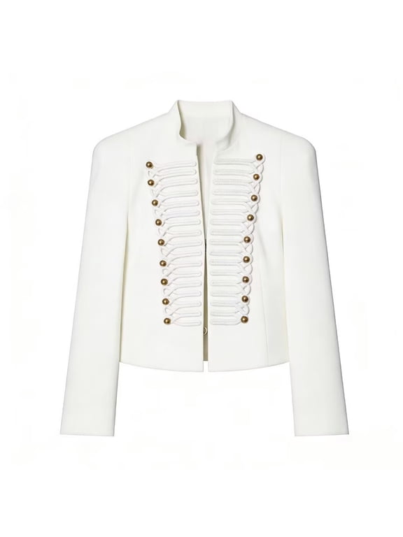 Karymi Jackets for Women Stand Collar Military Style Cropped Blazer Jacket, Slim Fit Long Sleeve Gold Button Braided Trim Decorative Short Suit Coat Rain Jacket