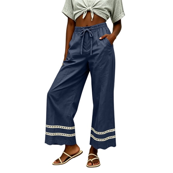 Karymi Jean Shorts Elastic Drawstring High Waist Wide Leg Pants, Solid Double Layer Hollow Eyelet Lace Trim Hem Full Length Trousers with Pockets Shorts for Women