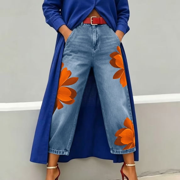 Karymi Jeans for Women High Waist Floral Print, Large Flower Pattern Loose Wide Leg Denim Trousers with Side Pockets