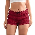 thumbnail image 1 of Karymi Jean Shorts High Waisted Ruffled Bloomers Shorts, Cute Tiered Ruffle Elastic Waist Bubble Shorts with Bow, Solid Y2K Style Satin Shorts Athletic Shorts for Women, 1 of 5