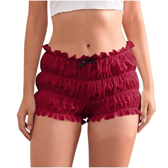 Karymi Jean Shorts High Waisted Ruffled Bloomers Shorts, Cute Tiered Ruffle Elastic Waist Bubble Shorts with Bow, Solid Y2K Style Satin Shorts Athletic Shorts for Women