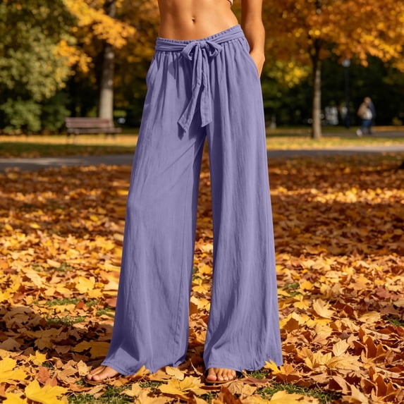 Karymi Jean Shorts Linen Blend Wide Leg Pants, Elastic Drawstring Waist Casual Loose Trousers with Pockets, Solid Lightweight Flowy Pants Wide Leg Pants Woman