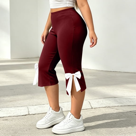Karymi Jean Shorts Plus Size Side Leg with Bow Split Hem Capri Yoga Leggings, High Waist Solid Stretch Cropped Workout Pants, Elastic Capri Trousers Linen Pants Women