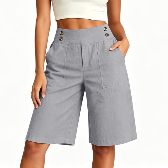 Karymi Jean Shorts Solid Cotton Linen Blend High Waist Double Buttons Wide Leg Knee-Length Bermuda Shorts with Side Hand Pockets Workout Shorts Women