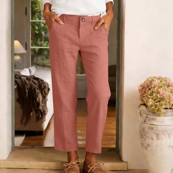 Karymi Jean Shorts Solid Fake Linen Mid Rise Button Zip Fly Slim Straight Leg Cropped Ankle Length Casual Trouser Pants with Front Slant Pockets Women's Pants