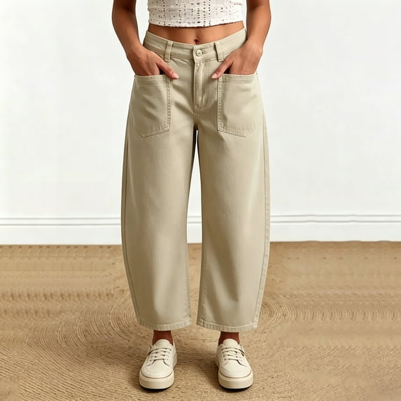 Karymi Jean Shorts Solid Single Button Zipper Fly High Waist Barrel Cropped Pants, Front Patch Pocket Loose Curved Wide Leg Trousers Sweatpants Women